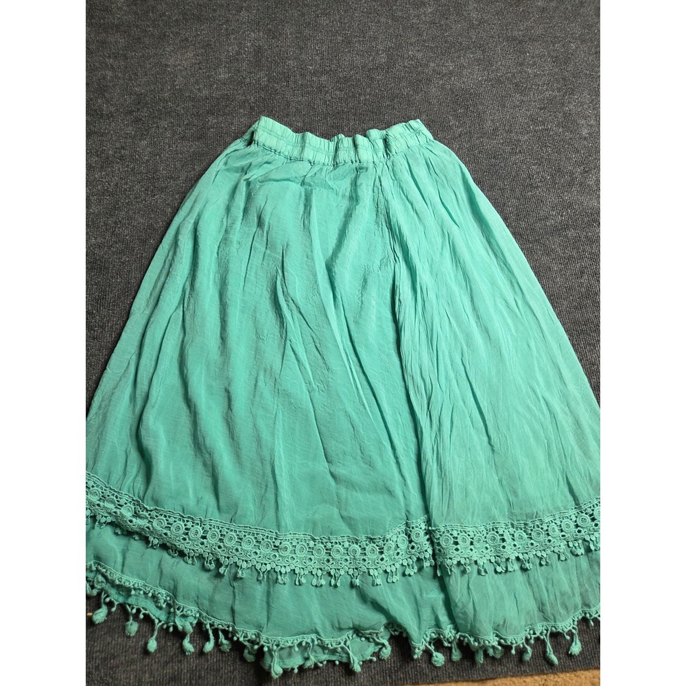 Gilli Teal Green Boho Midi Skirt XL Crochet Lace Tassel Trim Elastic Waist 2115